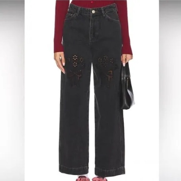 Free People Damson Madder Drew Jeans- Cutout Bows And Embroidered Pockets